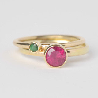 Ruby and emerald stacking gold rings