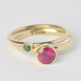 Ruby and emerald stacking gold rings